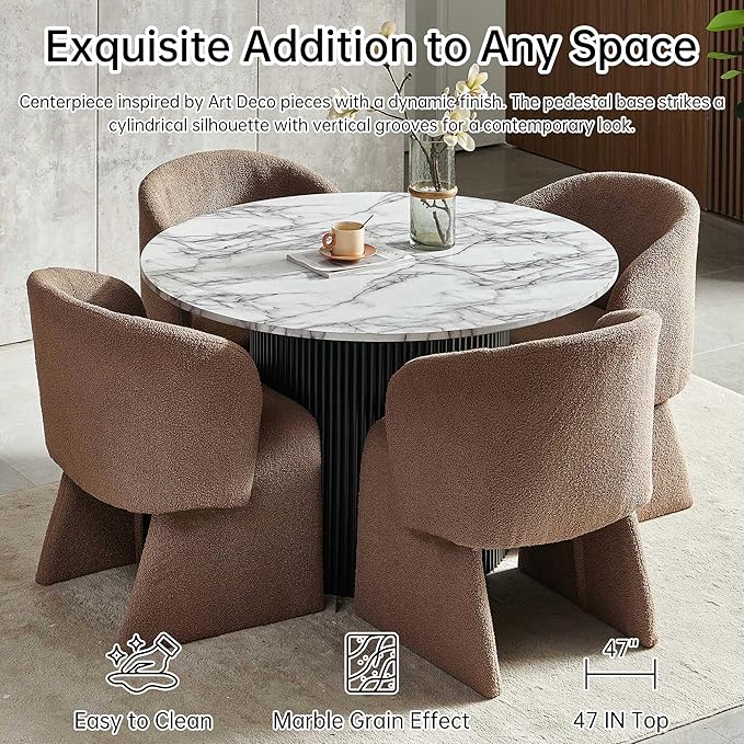 NORDICANA 5-Piece Round Dining Table Set for 4, Modern 47-Inch Kitchen Table and Chair Set, Dining Set with Brown Upholstered Armchairs, Manufactured Wood Top with White Marble Effect Finish