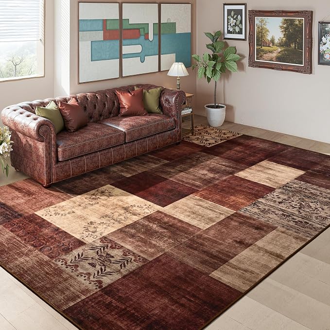 Tepook Modern Area Rug for Living Room, 6x9 Geometric Large Rugs for Bedroom, Washable Patchwork Rug Indoor Non-Slip Throw Carpets for Dining Room Office Farmhouse Home Decor, Red