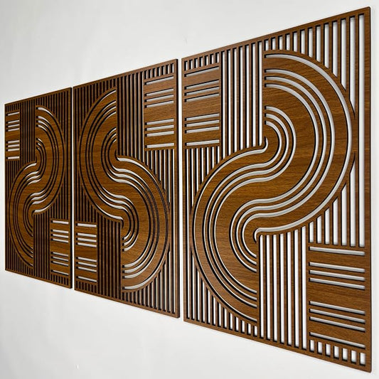 Abstract Retro Design Wood Wall Art Set of 3, Mid Century Curved Line Panels, Bauhaus Geometric Modern Wooden Decor, Housewarming Gift for Living Room and Bedroom