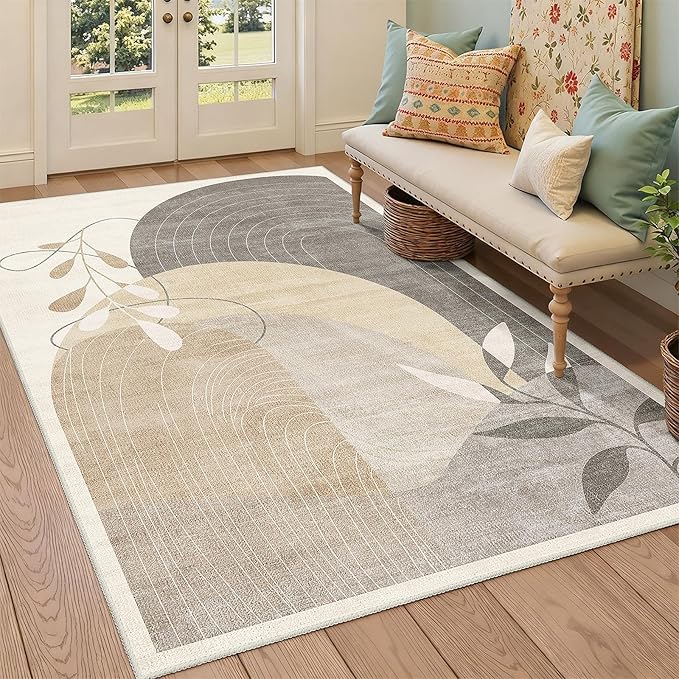 MUJOO 3x5 Washable Rugs,Boho Large Area Rug for Entryway Kitchen Entry Bedroom Bedside Foyer,Small Throw Carpet Indoor Non Slip Mid Century Modern Abstract Botanical Geometric Accent Neutral Beige