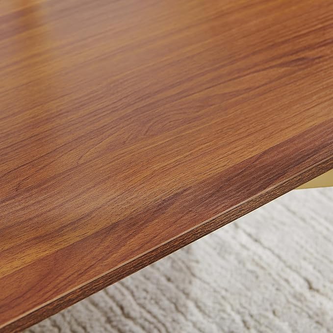 Oval Glass Coffee Table, Mid-Century Modern Design, L42*W22*H17 inch, for Living Room, Clear Glass Top and Walnut Finish Wood Shelf, Conical Metal Legs with Gold Finish
