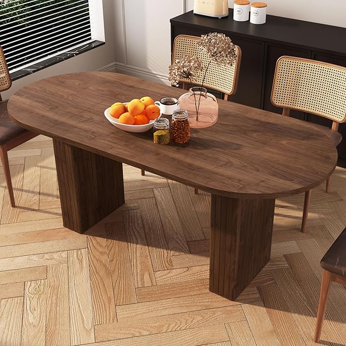70.8 Inch Oval Dining Table for 4-6 People, Kitchen Table with Wood Strip Base, Modern Farmhouse Round Dining Room Tables for Kitchen Living Room (Walnut)