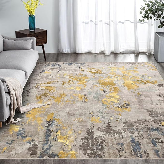 vivorug 9x12 Area Rugs for Living Room, Non Slip Machine Washable Modern Abstract Rug, Ultra-Thin Lightweight Large Area Rug Carpet for Bedroom, Dining Room, Low Pile Grey/Mustard