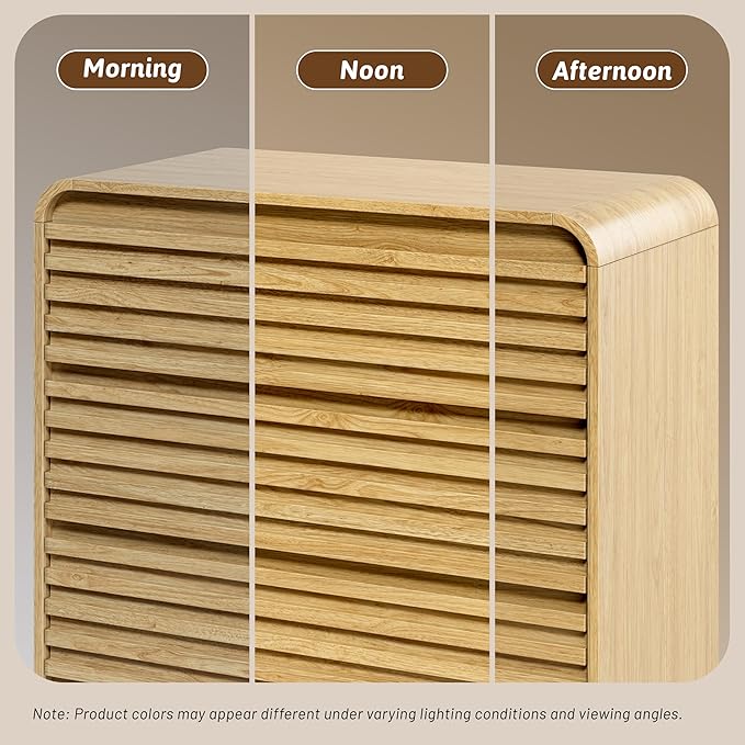 Fluted 5 Drawer Dresser for Bedroom, 45" Tall Wood Chests of Drawers with Curved Profile, Mid Century Modern Dresser with Large Storage & Hidden Handles for Living Room, Hallway, Natural Oak