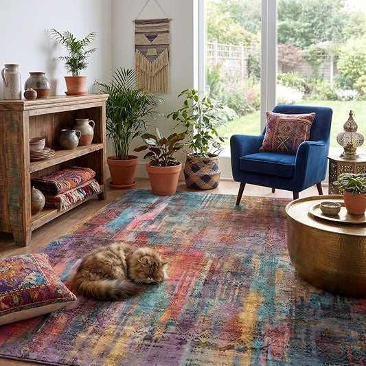 Kokia Abstract Area Rugs Washable Indoor 6x9 Rug Boho Distressed Retro Low Pile Non-Slip Non-Shedding Brick Ochre Carpet Bedroom Living Room Dining Room, Oslo Cave