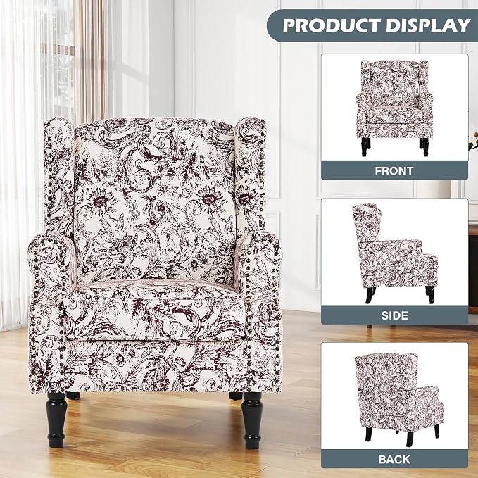 High Back Floral Accent Chair, Fabric Wingback Chair Upholstered Armchair for Living Room - Rococo Plum