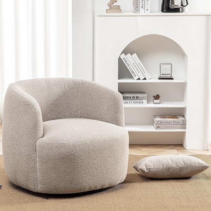 KINWELL 34" Wide Boucle Swivel Barrel Chair, No Assembly Round Upholstered Armchair Accent Chair Single Sofa Chair with Toss Pillow for Living Room and Bedroom, Taupe