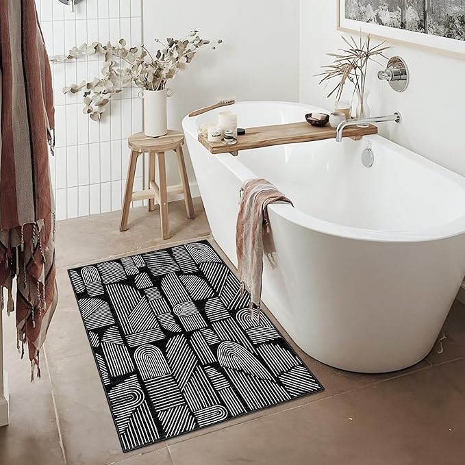 MUJOO 2x3 Washable Rug,Mid Century Modern Abstract Non Slip Low Pile Small Area Rug,Black and White Rug for Entryway Bathroom Kitchen Bedroom