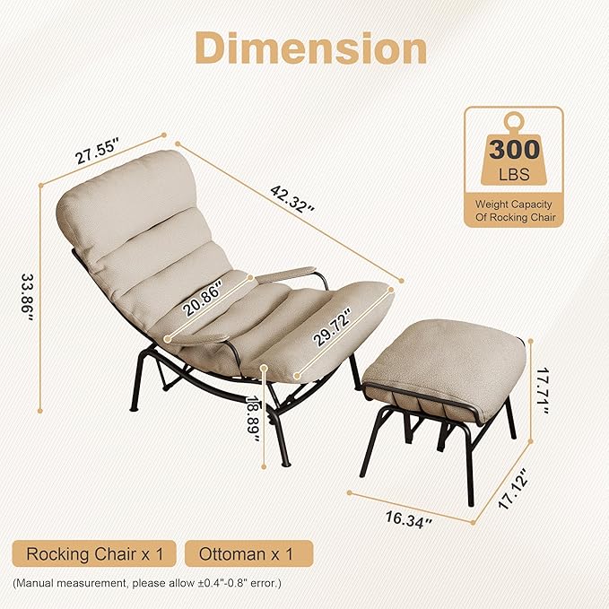 ovios Glider Rocking Chair with Ottoman, Mid-Century Modern Recliner Chair with Footrest, Comfy Gliding Rocker Lazy Accent Armchair for Living Room Bedroom, Cloud Plush Velvet, Beige