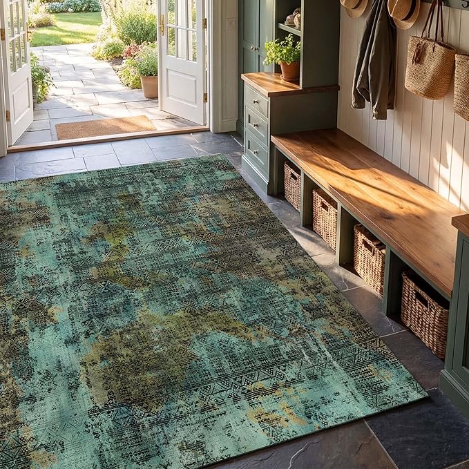 Kokia Abstract Area Rugs Living Room Dark Green Washable Low Pile 4x6 Non-Slip Indoor Decor Carpet Foldable Stain Resistant Ombre Rugs Bedroom Dining Room, Oslo Moss