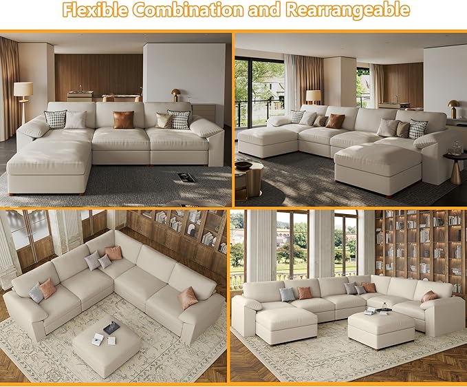 EASE MOOSE Oversized Modular Sectional Sofa,Leather Sectional Couch with Deep Seat,Extra Large L Shaped Couch,Modern Comfy Scratch Resistant Faux Leather Material Sofa,Beige