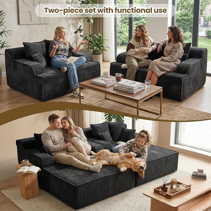 Chaise Lounge Chair Indoor,Boneless Chair with Ottoman,Comfy Reading Chair for Adults,Small Sofa Bed Couch for Living Room,Double Size,Black