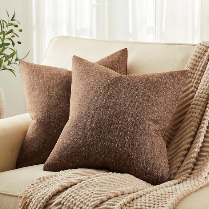 ZeeMart Rustic Cotton Linen Throw Pillow Covers Set of 2, 22x22 Inch Brown, Farmhouse Style Decorative Couch Pillow Cases Cushion Covers for Sofa Bed Living Room Home Decor