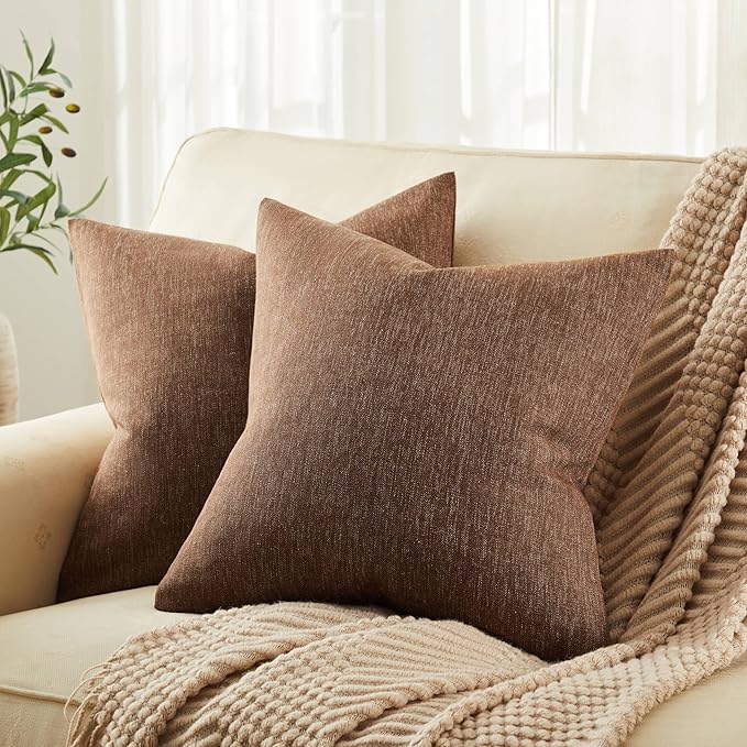 ZeeMart Rustic Cotton Linen Throw Pillow Covers Set of 2, 20x20 Inch Brown, Farmhouse Style Decorative Couch Pillow Cases Cushion Covers for Sofa Bed Living Room Home Decor