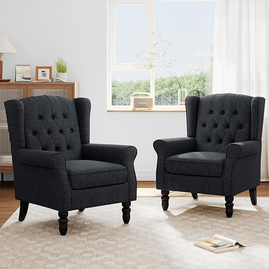 Accent Chairs Set of 2, High Back Upholstered Chair with Button Tufted, Mid-Century Modern Comfy Wingback Chair Reading Armchair in Fabric for Living Room for Bedroom, Office-Black Blue
