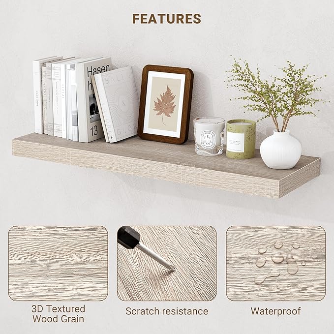 24 Inch Floating Shelves, 3D Textured Wood Grain, 24"x9.25"x1.5" Inch Deep Floating Shelves for Wall, Wooden Shelves for Bathroom, Bedroom, Living Room, Vintage White Oak, 2 Pieces