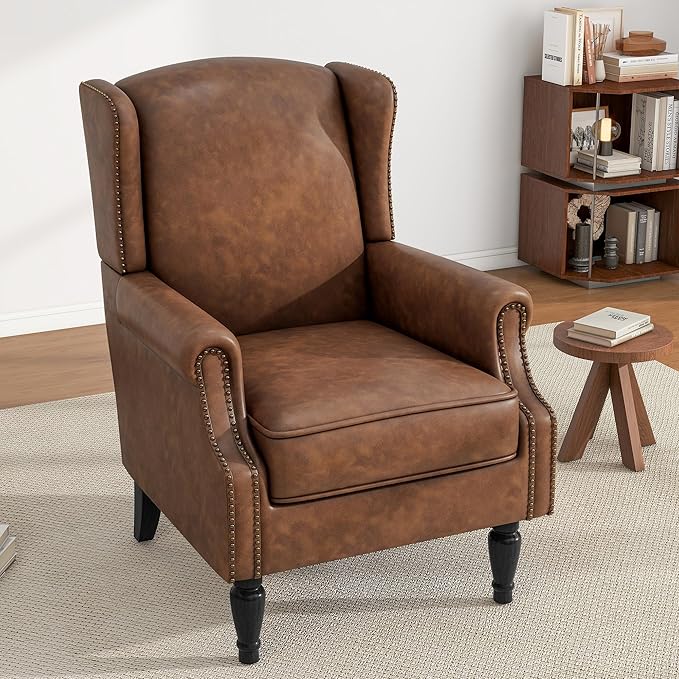 High Back Accent Chairs Set of 2, Faux Leather Upholstered Armchair Wingback Chair for Living Room, Comfy Single Sofa Solid Wood Legs Bedroom Reading Seat (Brown)