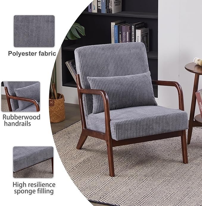Accent Chairs, Mid Century Modern Chair with Pillow, Arm Chair with Solid Wood, Reading Relaxing Leisure Chair for Living Room, Waiting Room,Grey