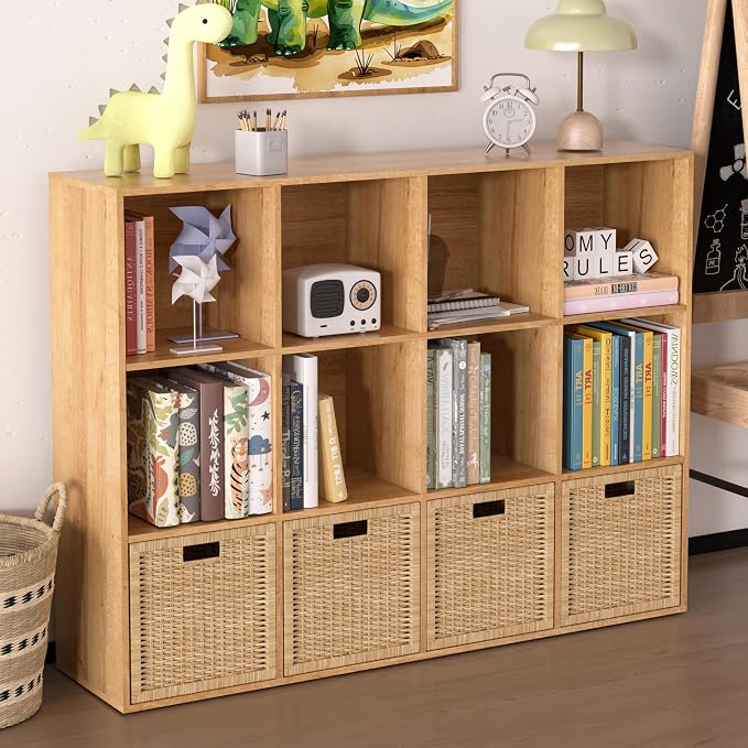 Wooden 12 Cube Storage Organizer with Closed Back Panel,Natural Oak Cube Shelf Cubby Storage Organizer with Compartments for Living,Bookshelf, Easy to Install (Oak, 12-Cube-11in)