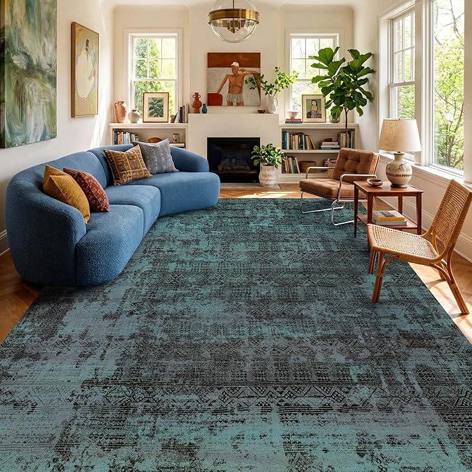 Kokia Abstract Area Rugs 8x10 Bedroom Soft Living Room Rugs Washable Distressed Vintage Comfy Deep Teal Carpet with Non-Slip Backing for Farmhouse Home Office Room Decor, Ocean Teal