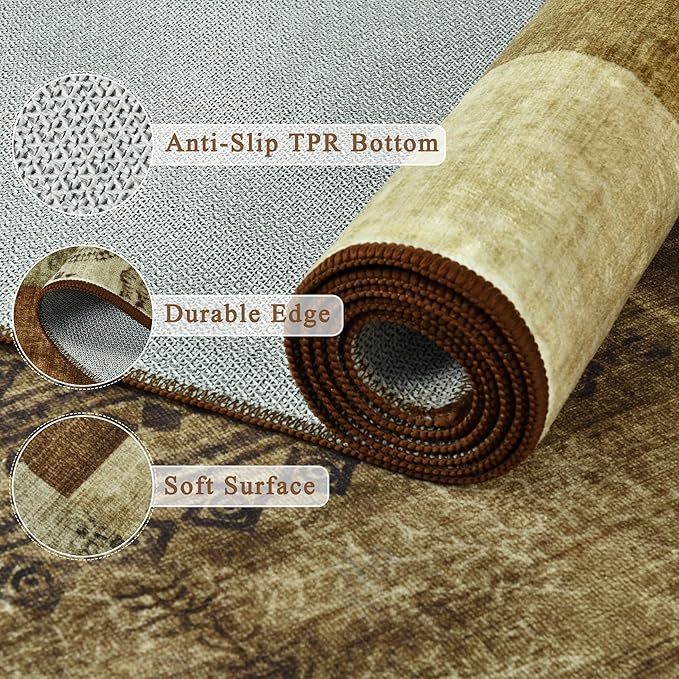 Tepook Modern Area Rug for Living Room, 4x6 Geometric Large Rugs for Bedroom, Washable Patchwork Rug Indoor Non-Slip Throw Carpets for Dining Room Office Farmhouse Home Decor, Brown