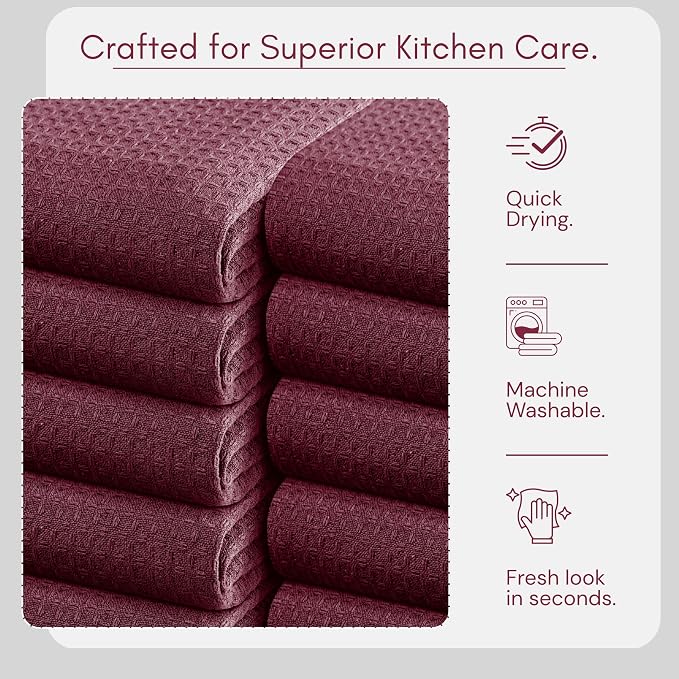 TWINY threads Dish Towel Waffle Texture, Pack of 12, 16x26 Inches, Large 100% Cotton Kitchen Linen Set, Absorbent Cloths for Drying Dishes and Cookware, Quick Drying, Machine Washable, Burgundy Wine