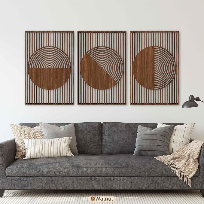 Abstract Boho Wood Wall Art Set of 3, Geometric Wooden Circle Panels, Mid Century Modern Designer Decor, Large Statement Housewaming Gift for Living Room and Bedroom