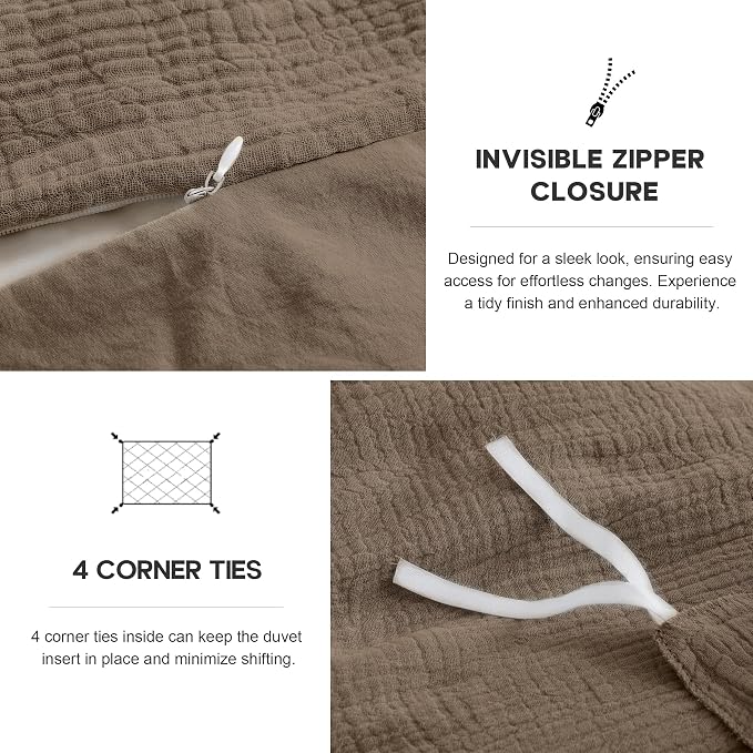 Simple&Opulence Linen Muslin Duvet Cover Set California King, 3Pcs Brown Linen Cotton 3-Layer Gauze Minimalist Comforter Cover 104”x98”, Ultra Soft Breathable Seersucker Bedding Set with 2 Pillowcases