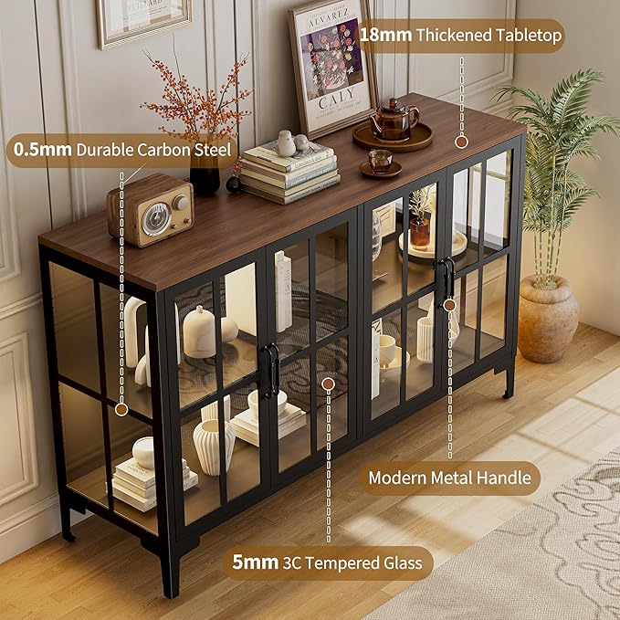 53" 3-Sided Glass Sideboard Buffet Cabinet with COB Lights, Adjustable Shelves, Modern Metal-Wood Buffet Table with Storage, Glass Display Cabinet for Coffee Bar Dining Room Kitchen, Black