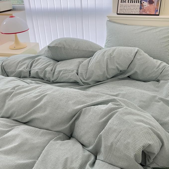 mixinni Green Striped Duvet Cover Twin Size - 100% Washed Cotton Pinstripe Comforter Cover with Zipper Closure, Lightweight & Breathable, 3 Pieces Minimalist Stripes Pattern Printed Bedding Set