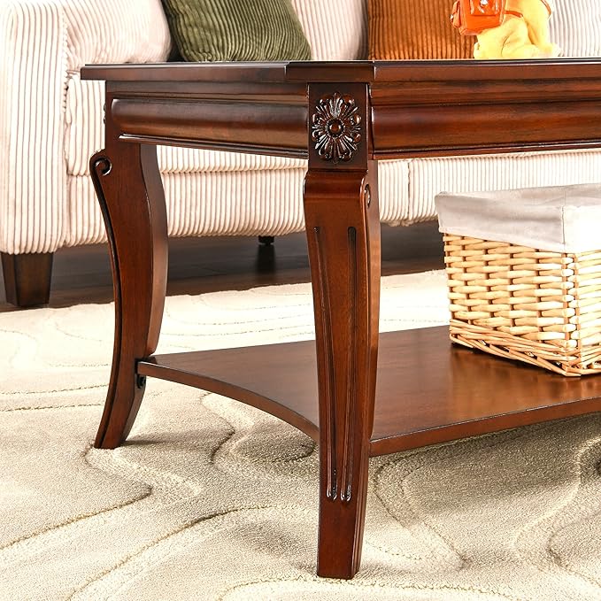 LEEMTORIG Vintage Glass Top Coffee Table for Living Room, 47 inches Rectangular 2-Tier Wood Coffee Tables with Storage Shelf, Traditional Mid Century Queen Anne Style Cocktail Table KFZ-A1168-GT