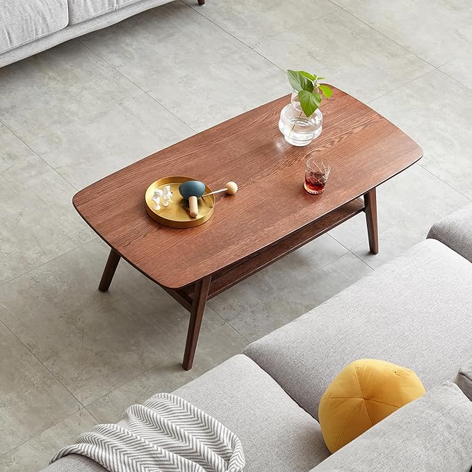 100% Solid Wood 2-Tier Coffee Table with Open Storage, Easy Assembly Center Table for Living Room, Walnut Finish with Side Table Function, Mid Century Modern Style (47.24" Solid Wood Table)