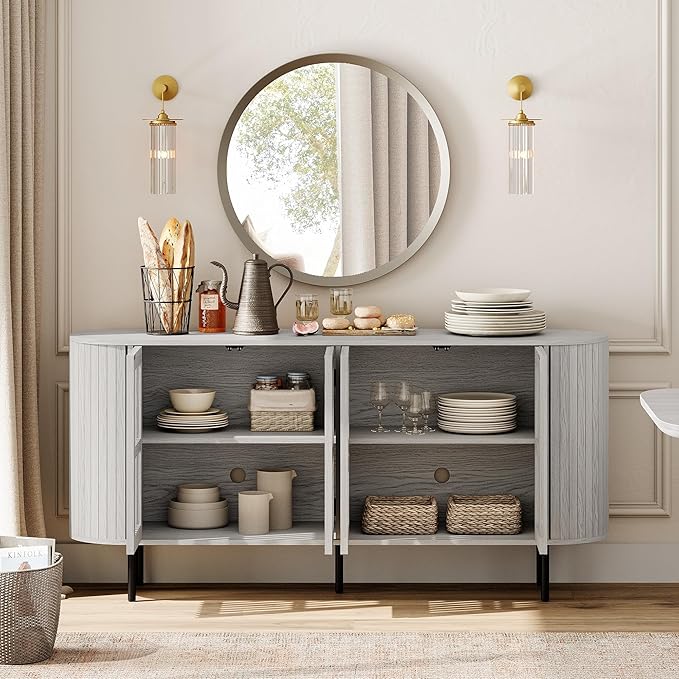 WAMPAT 66" Fluted Sideboard Buffet Cabinet, Wood Storage Cabinet with 4 Doors, Mid Century Modern Credenza for Dining Room, Living Room, Kitchen, White Washed