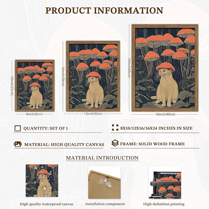 Framed Vintage Cat Wall Art, Whimsical White Cat with Mushroom Hat in Forest Canvas Print, Fantasy Quirky Woodland Animal Painting, Funny Retro Wall Decor for Living Room Bedroom Study 8x10in
