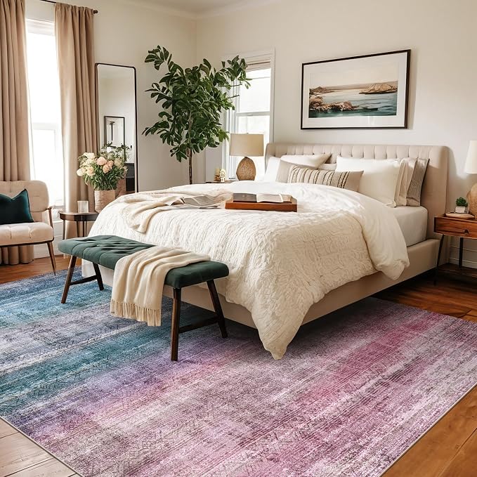 Kokia Abstract Area Rugs 10x14 Bedroom Washable Decor Low Pile Fluffy Non-Slip Non-Shedding Indoor Red Carpet Foldable Stain Resistant Floor Mat Living Room Dining Room, Peony Blue