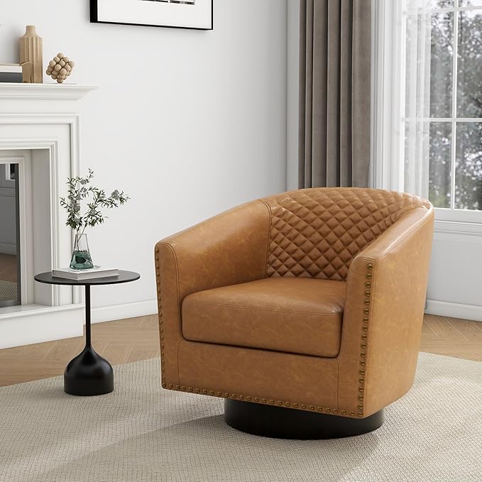 UIXE Swivel Barrel Accent Chairs Set of 2, Faux Leather Club Chair Upholstered Round Armchair for Living Room, Comfy Single Sofa Bedroom Reading Seat - Coffee