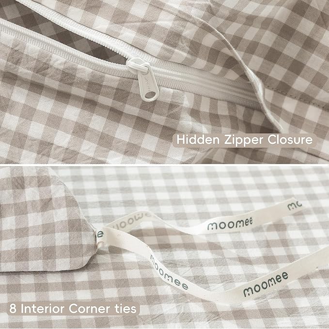 MooMee Gingham Duvet Cover Set 100% Washed Cotton Linen Like Textured Breathable Durable Soft Comfy Modern Checkered Design (Mini Gingham Tannish Linen Grey, Twin 68"x90")