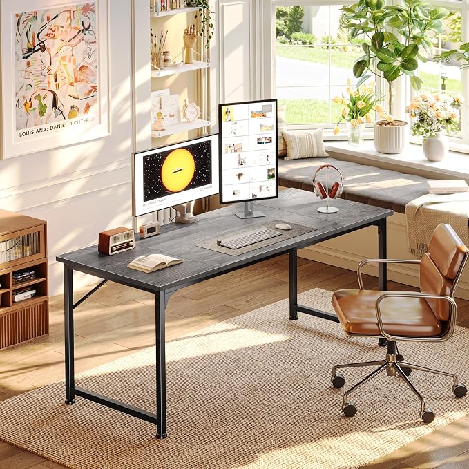 PRAISUN 55 Inch Computer Desk, Home Office Desk with Spacious Desktop, Modern Gaming Desk, Writing Study Table for Bedroom, Small Spaces, Work from Home Desk with Metal Frame, Grey