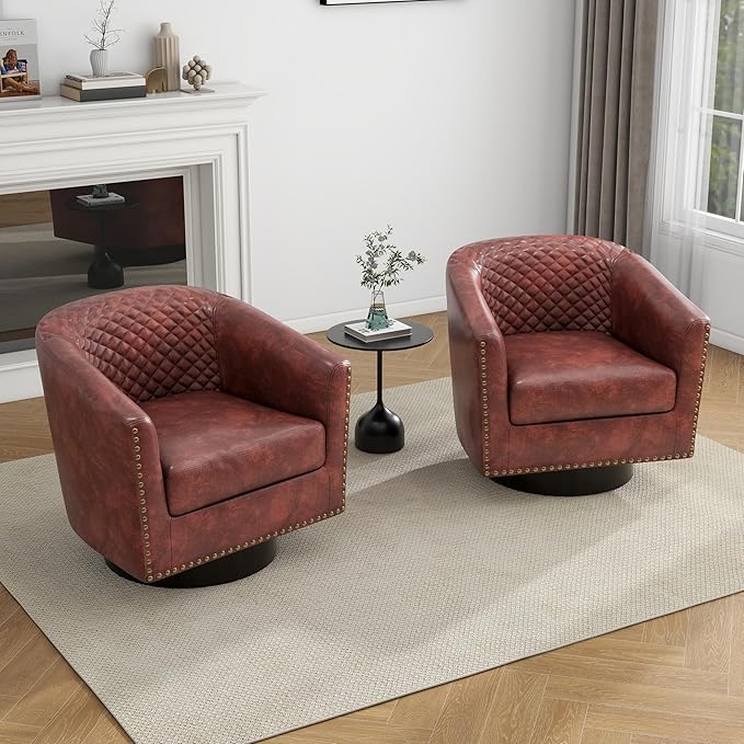 UIXE Faux Leather Swivel Accent Chairs Set of 2, Upholstered Barrel Club Chair for Living Room, Round Armchair Comfy Single Sofa Bedroom Reading Seat - Red Brown