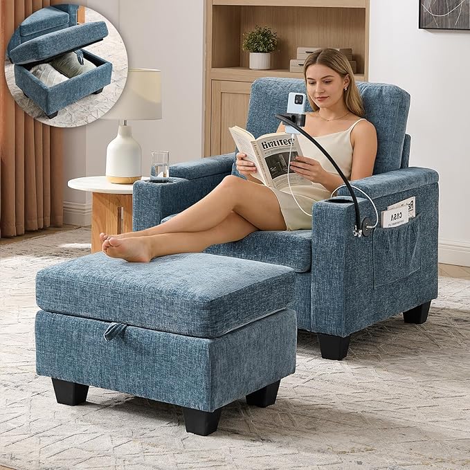Oversized Chaise Lounge Chair Indoor, Single Convertible Recliner Reading Arm Sofa Chair W/Adjustable Backrest & Charging Port Couch Bed for Living Room, Home Theater & Bedroom, Blue