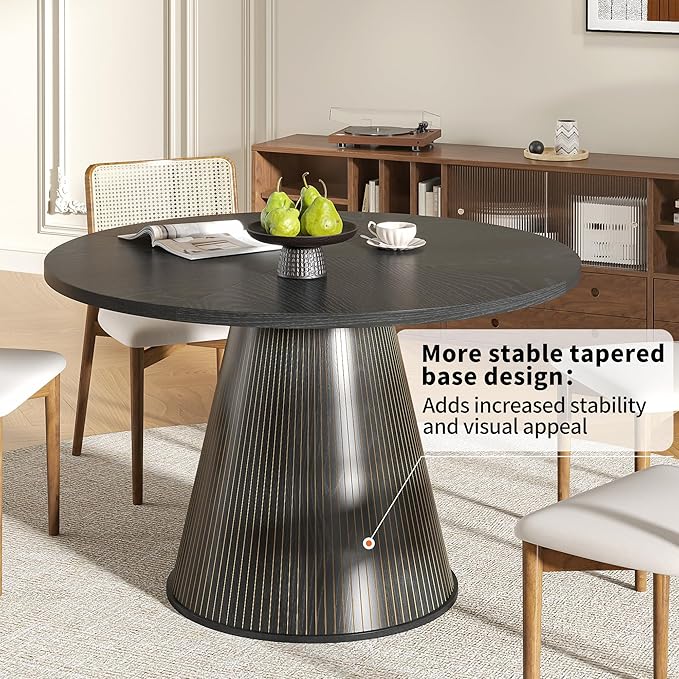 47 inch Round Dining Table for 4-6, Circle Kitchen Table with Sturdy Tapered Base, Mid Century Modern Fluted Dining Tables for Dining Room, Kitchen, Living Room (Black, 47inch)