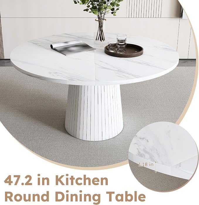 42" Round Dining Table for 4-6,White Faux Marble Dining Room Table,Modern Kitchen Table with Cross Legs for Dining Room Kitchen