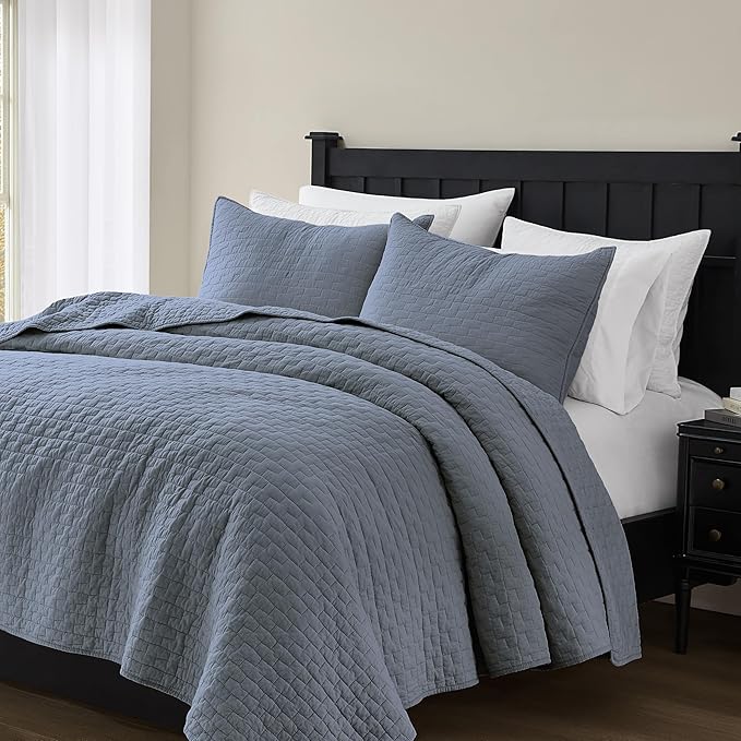 palassio Blue Grey 100% Cotton Quilt Twin Size Bedding Sets with 1 Pillow Sham, Textured Lightweight Soft Bedspread Shabby Chic Coverlet, Quilted Comforter Bed Cover for All Season, 2 Pieces