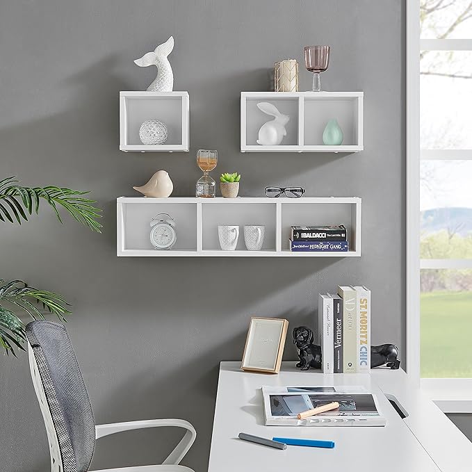 Danya B. Bauhaus Floating Geometric Cubby Wall Shelves - Set of 3 Sizes - White