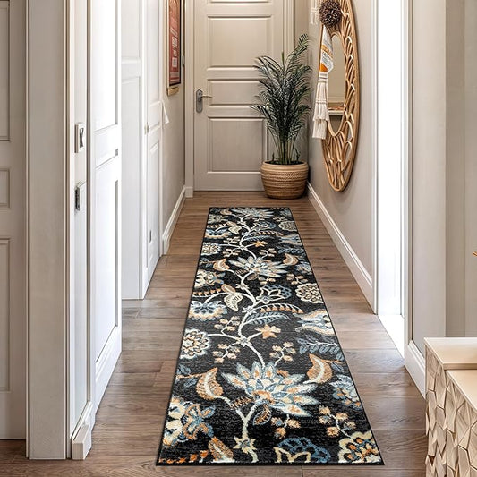 Rugshop Black Floral Runner Rug – Colorful Botanical Indoor Carpet for Living Room, Bedroom, or Dining Room – Soft Low-Pile, Non-Shedding Traditional Runner Rug 2' 3" x 8'