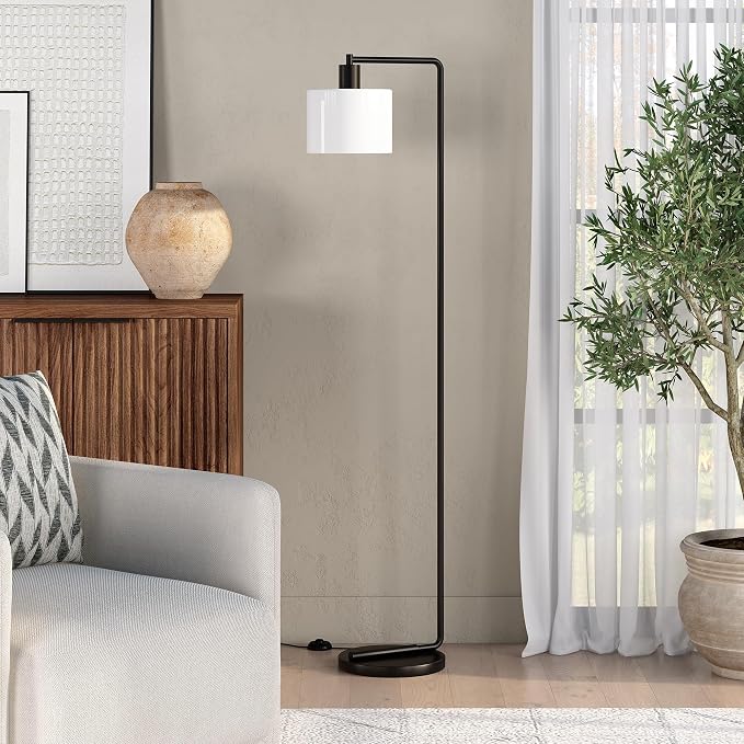 Henn&Hart 57'' Industrial 1-Light Floor Lamp with White Glass Drum Shade for Living Room, Bedroom, or Office, Black