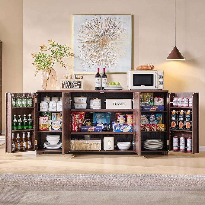 Curved Buffet Cabinet with Doors, 66" Large Sideboard Buffet Storage Cabinet with 4 Doors and Shleves, Modern Coffee Bar Station Wood Kitchen Table for Kitchen, Dining Room, Borwn
