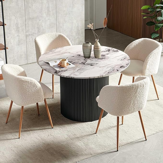 47" Round Dining Table Set for 4,Industrial Circle Kitchen Table Set with Off White Sherpa Barrel Dining Accent Side Chairs Set for Coffee Shop, Two-Part White Marble Look Tabletop
