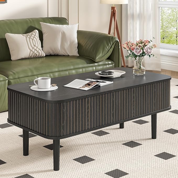 Fluted Lift Top Coffee Table with Storage, Mid Century Modern Coffee Table for Living Room, Home Small Space,39.4" Fluted Center Table (Rectangle-Black, 39.4inch)