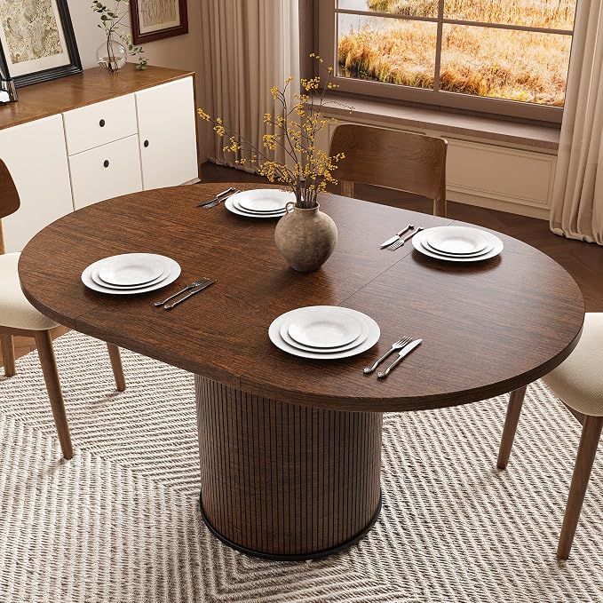 Extendable Round Dining Table for 4-8, 43in-59in Modern Wood Dining Room Table with Removable Leaves, Extendable Dinner Tables w/Heavy Duty Base for Kitchen|Living Room|Small Space, Walnut